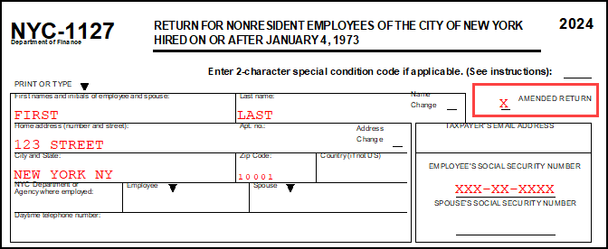 Image of "Amended Return" marked on Form NYC-1127